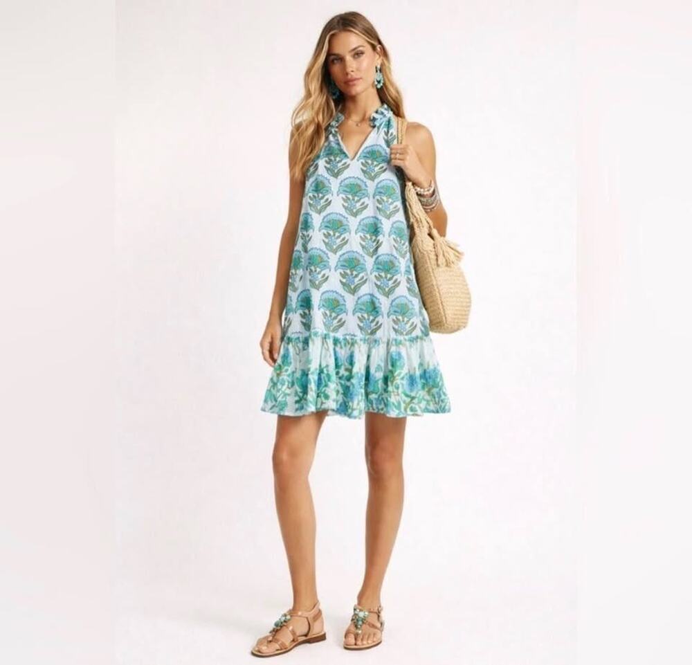Calypso St. Barth Small 100% Cotton Floral Print Blue Green Mini Dress